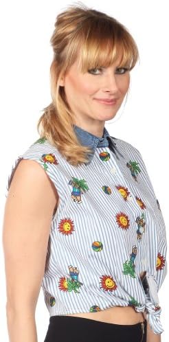 Cotton Express Sleeveless Printed Button Up Top With Contrast Denim Collar Blue/White Extra Large