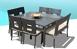 Outdoor Patio Wicker Furniture New Resin 8 Pc Square Dining Table Set with Chairs and Bench