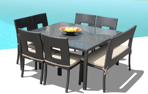 Outdoor Patio Wicker Furniture New Resin 8 Pc Square Dining Table Set with Chairs and Bench