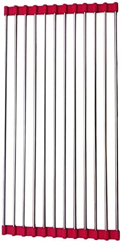 Daisen Tech Dish Drying Rack Roll Up Commercial Grade Stainless Steel &amp; Silicone Colander Drying Tray (Rose Red)