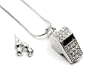 Sporty Ice Crystal Coach Whistle Charm Necklace with Crystal Stud Earrings Set Silver Tone