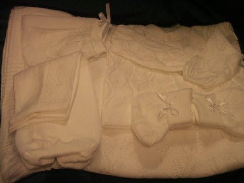 White 6 Pc Knit Crochet Leaf Design Baby Set Blanket Pants Sweater Hat Booties