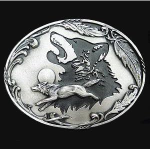 Pewter Belt Buckle - Howling Wolf (Diamond Cut)