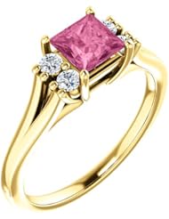10K Yellow Gold 5.00x5.00mm Princess Cut Pink Sapphire and Diamond Ring -- LIFETIME WARRANTY