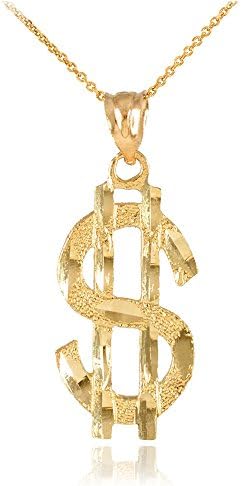 14k Yellow Gold Dollar Sign $ Bling Pendant Necklace, 18"