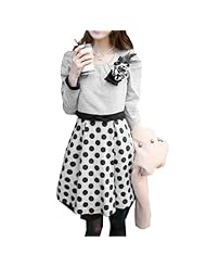 Cotton/Polyester Puff Sleeves Dots Print Scoop Neck  Dress