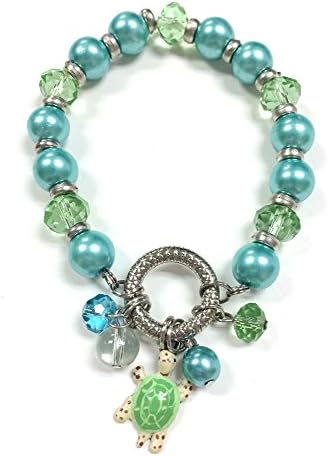 Linpeng Fiona Pearl and Crystal Bead Painted Plastic Turtle with Dangles Stretch Bracelet