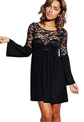 Polyester/Spandex/Velvet  Sheer Lace Bell Sleeves Skater Dress/Party Dress  With Ruffles