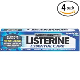 Listerine Essential Care Tartar Control Toothpaste, Powerful Mint Gel, 4.2-Ounce Tubes (Pack of 4)