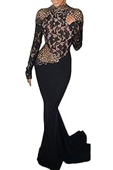 Plunging Neck Long Sleeves Sheer Mesh Floor Length Mermaid Polyester/Spandex Evening Dress/Prom Dress/Wedding Party Dress 