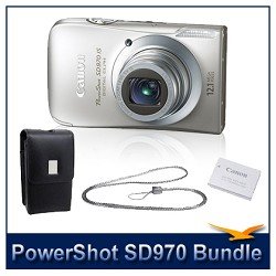 Canon PowerShot SD970IS 12.1 MP Digital Camera with 5x Optical Zoom and 3.0-inch LCD (Silver) Exclusive Deluxe Bundle With genuine Canon leather carrying case, leather hand strap, Extra Canon Lithium-ion rechargeable battery, braided metal neck strap .