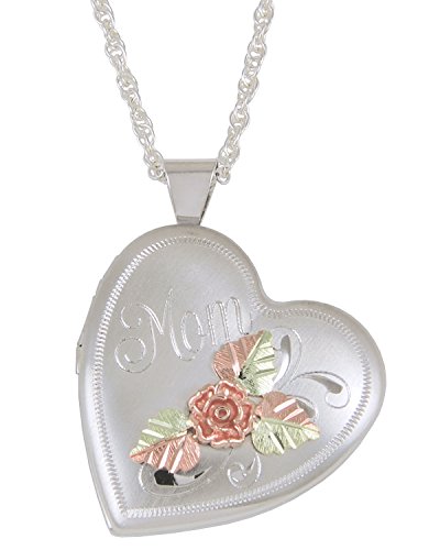 Four Picture 'Mom' Heart Locket, Sterling Silver, 12k Rose Gold, 12k Green Gold, 20"