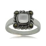 Mother of Pearl Ring Silver W/ Marcasite Square Bezel
