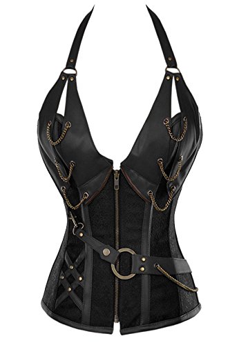 FIYOTE Women 14 Steel Bone Steampunk Leather Vintage Bustiers Corsets (S, Black)