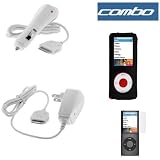 Rapid Car Charger + Home Travel Charger + Premium Black Leather Sleeve Case with Clip + Clear Reusable LCD Screen Protector for Apple Nano Chromatic 8GB 16GB 4G 4th Generation