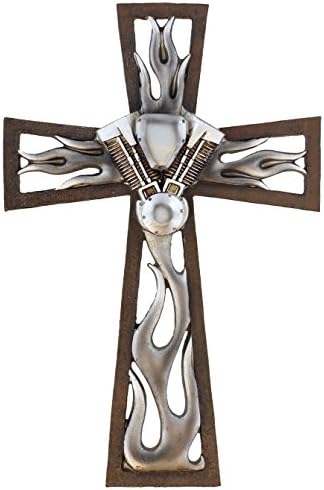 12" Decorative Layered Silver Flaming Motorcycle Engine Wall Cross