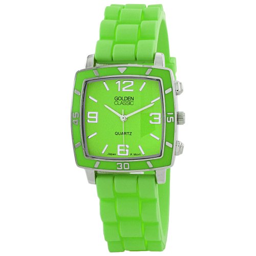 Golden Classic Women's Green 'Social Jelly' Trendy Square Rubber Strap Watch