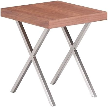 End Table, 15.7" Square Walnut Finish Table with Brushed Stainless Steel Legs