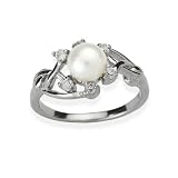 Entwining Vine Cultured Pearl Cubic Zirconia Ring in Platinum Overlay CAREFREE Sterling Silver, White
