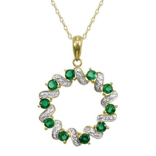10k Yellow Gold Lab-Created Emerald and Diamond Ribbon Circle Pendant, 18