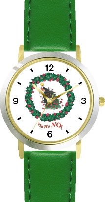 Orange Cat in Christmas Tree Falling in Christmas Wreath - JP - WATCHBUDDY® DELUXE TWO-TONE THEME WATCH - Arabic Numbers - Green Leather Strap-Size-Children's Size-Small ( Boy's Size & Girl's Size )