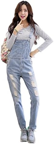 Angcoco Womens Fashion Detroyed Rippe Holes Denim Jean Suspender Trousers Pants