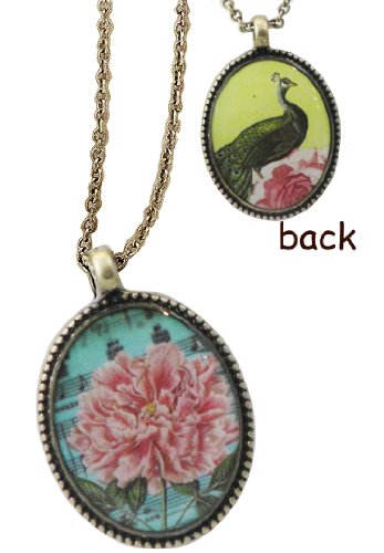 Reversable! 2 in 1 Vintage Rose & Peacock French Art Nouveau Style Necklace - Antique Brass/Gold Finish By Lavishy