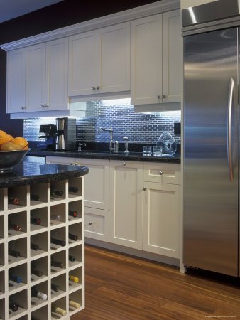 Kitchen with Stainless Steel Refrigerator and Wine Rack Premium Photographic Poster Print 12x16