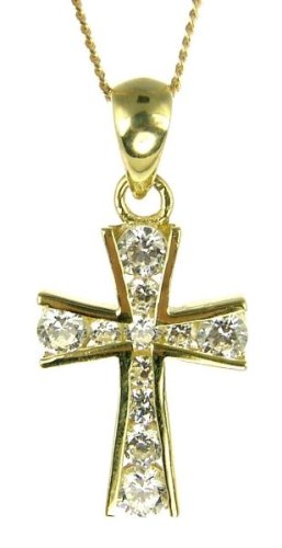 9ct Yellow Gold Ladies Cubic Zirconia Set Small Cross on 18 Curb Chain
