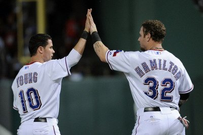 Detroit Tigers v Texas Rangers - Game Six, Arlington, TX - Oct. 15: Michael Young and Josh Hamilton Photographic Poster Print by Harry How, 12x18