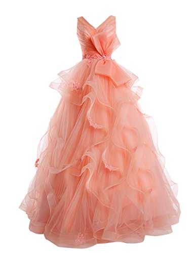 Dresstell　レディーズ　ロング丈　花嫁ドレス　ウェディングドレス　カラーチュチュ　結婚式ドレス　イブニングドレス　セクシーVネック　リボンつけの演奏会ドレス　ステージドレス　ノースリーブ　コンサートドレス