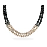 Eve's Addiction Braided Black Leather Layered Freshwater Pearl Necklace