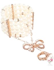 Betsey Johnson "Vintage Bows" Faux Pearl Stretch Bracelet and Floral Stretch Ring Jewelry Set