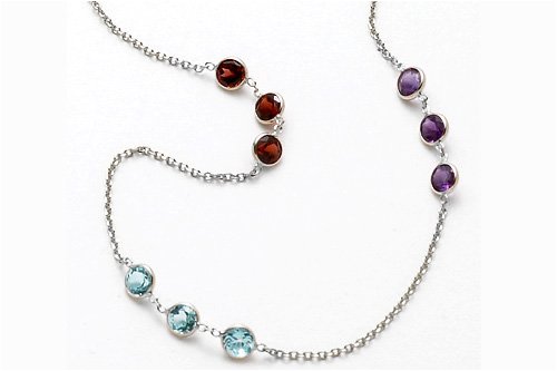 14K White Gold Diamond Cut 16 Necklace, set with multi-colored semi-precious stones