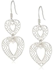 Sterling Silver Double Heart Filigree French Wire Drop Earrings