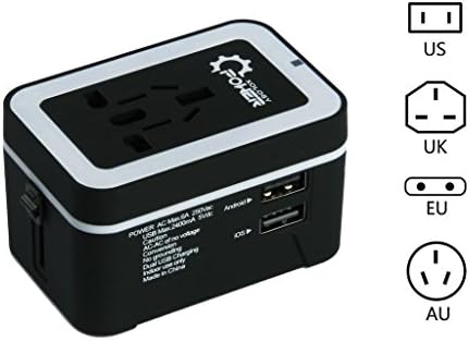 PowerXology International Travel All-in-one Plug Adapter Universal Converter Combo Unit with 2 USB Ports (Black+ White)