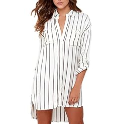 Vertical Stripe Full Length High-Low-Hem Long Sleeves Polyester/Spandex Notched Notched Collar  Shirt  Dress