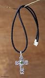 Sterling Silver and Peridot Pendant on a Leather Necklace, 'Balinese Cross'