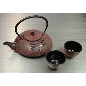 Japanese Cast Iron Tea Pot Tea Set  Dragon Fly Red by Kafu