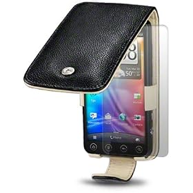 HTC EVO 3D BLACK GENUINE LEATHER FLIP CASE / COVER / POUCH / HOLSTER, CREAM INSIDE + SCREEN PROTECTOR, BY TERRAPIN