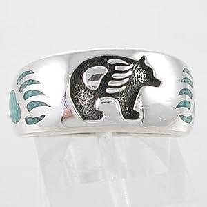 Southwestern Style Bear and Bear Paw Design Ring in Sterling Silver with Turquoise Chip Inlay for Men or Women, Sizes 9, 10, 11, 12, 13, 14, and 15, #11115