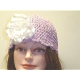 Cp155, Hand Crocheted Lilac Chenille Gimp Tweed Skull Cap with One Pinned White Silk Flower for Women and Teens