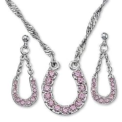 Rhinestone Horseshoe Necklace and Earrings Set, Pink
