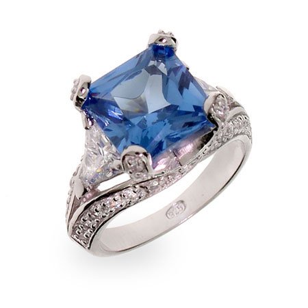Eve's Addiction Princess Cut Blue CZ Vintage Style Cocktail Ring