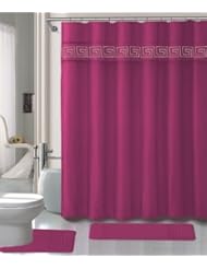 Home: 15 Piece Memory Foam Bath Rug Set Bathroom Rugs with Fabric Shower Curtain and Decorative Rings (Hot Pink)