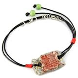 Painted Red Oriental Stamp With Fine Gold Detail - Silver Rings And Lime Green Beads - Rectangular Gray Musk Hand Made Ceramic - Black Adjustable Bracelet