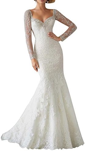 DAPENE® Women's V-Neck Long Sleeve Low Back Train Wedding Dress White US 6