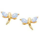 Aqua Cubic Zirconia Abstract Dragonfly 14K Yellow Gold Screw Back Earrings