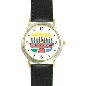 Hanukkah Candle Holder or Chanukia Judaica Jewish Theme - WATCHBUDDY� DELUXE TWO-TONE THEME WATCH - Arabic Numbers - Black Leather Strap-Size-Large ( Men's Size or Jumbo Women's Size )