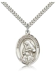 Large Detailed Mens .925 Sterling Silver O/L Our Lady of Providence Medal Pendant 1 x 3/4 Inches Puerto Rico-7087- Comes with a Stainless Silver Heavy Curb Chain Neckace And a Black velvet Box